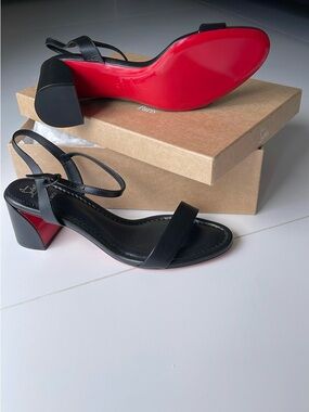Christian Louboutin Black Leather Sandals with Signature Red Sole |Miss Jane